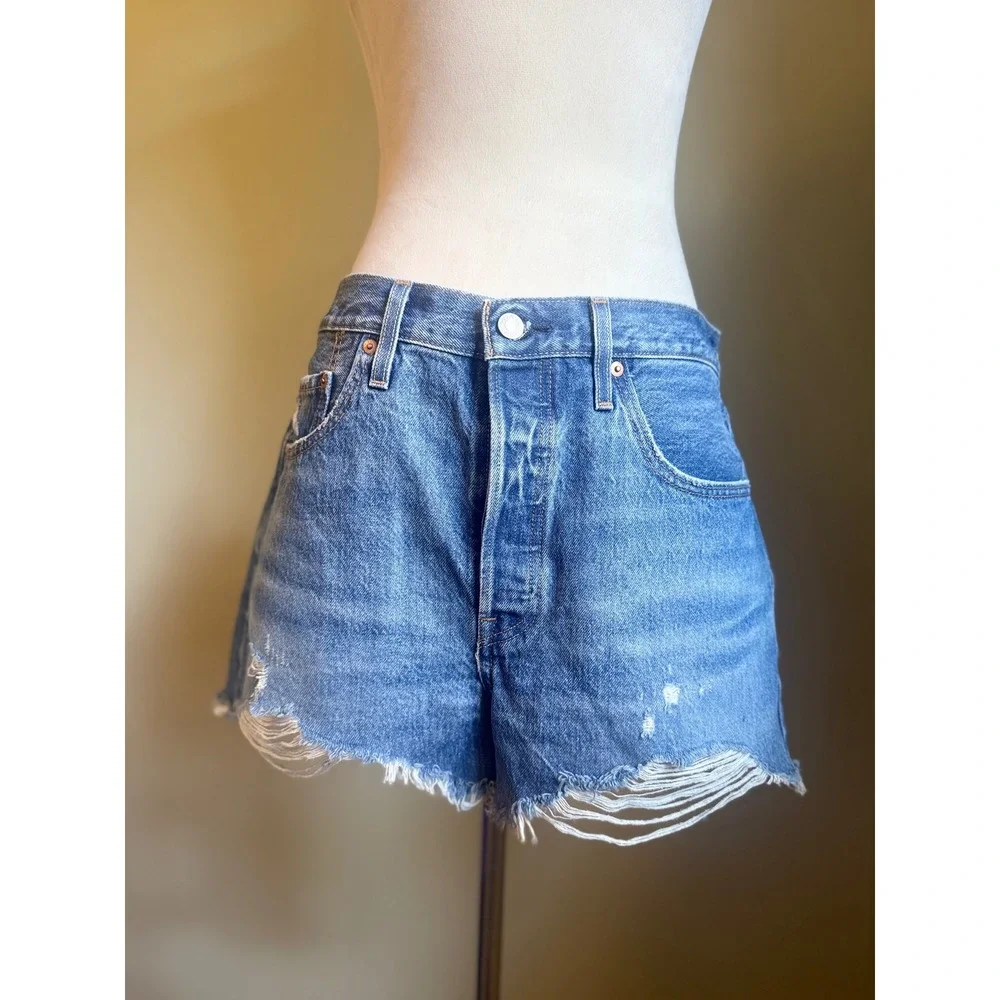 Levi's 501 Premium Women‎ Distressed Denim Cutoff Shorts boho y2k blue high rise